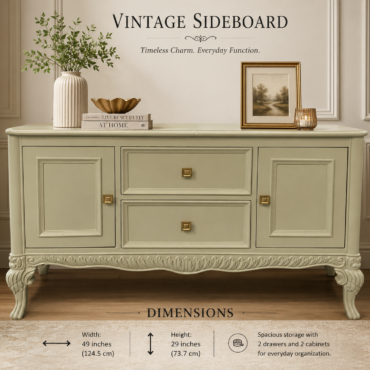 Vintage Sideboard handcrafted from premium solid teak wood featuring an antique ivory finish, elegant carved detailing, two drawers, two cabinets, and classic cabriole legs for timeless home storage.