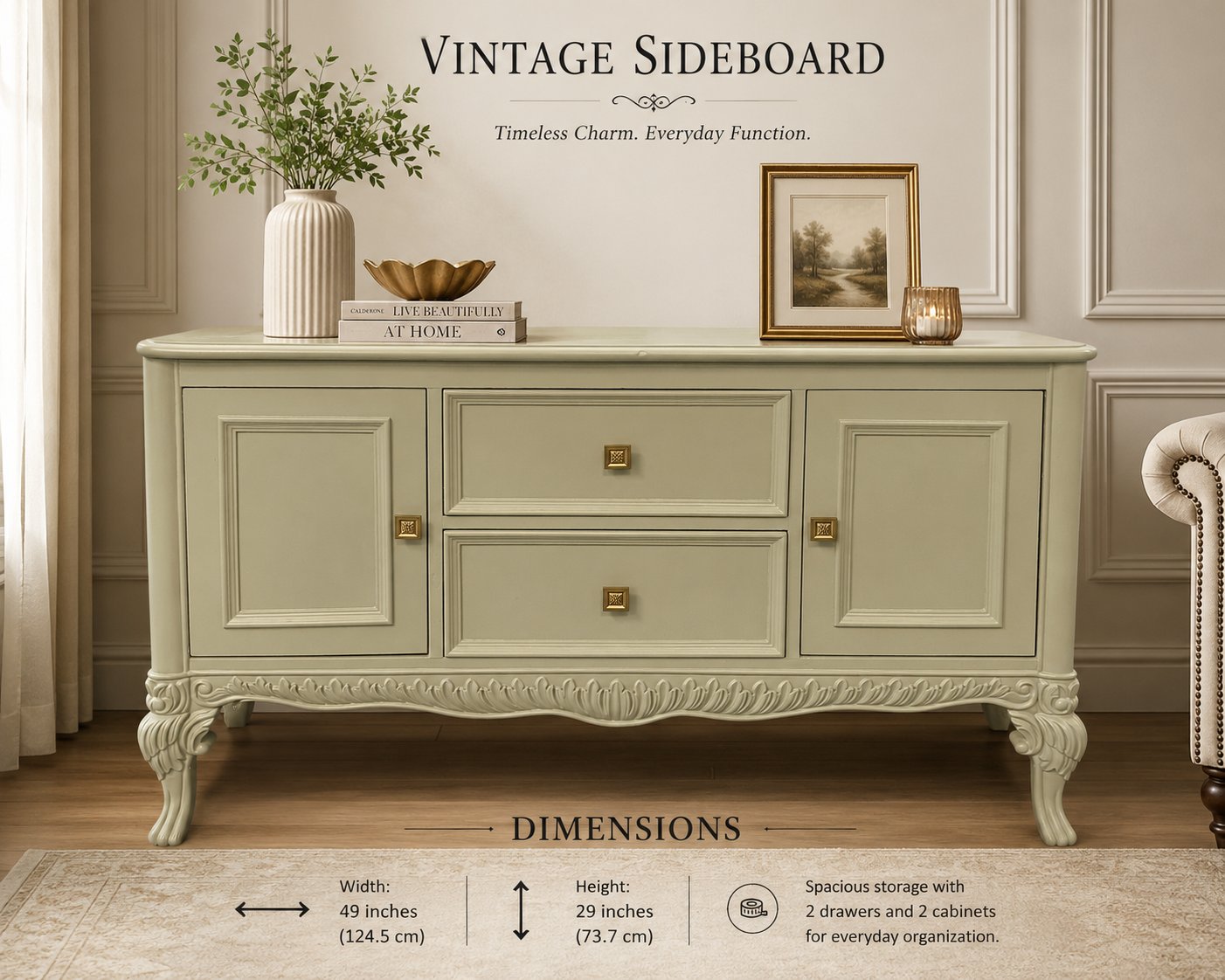 Vintage Sideboard handcrafted from premium solid teak wood featuring an antique ivory finish, elegant carved detailing, two drawers, two cabinets, and classic cabriole legs for timeless home storage.