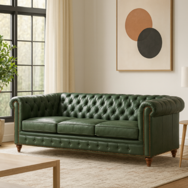 Emerald Chesterfield Sofa handcrafted with a premium solid teak wood frame, emerald green premium PU leather upholstery, deep button tufting, rolled arms, and antique brass nail head detailing.