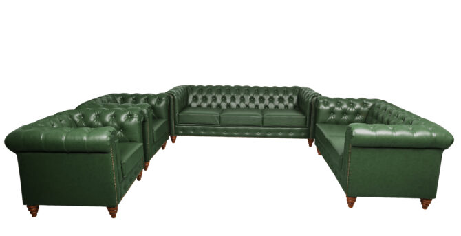 Chesterfield Green Leather Sofa Set