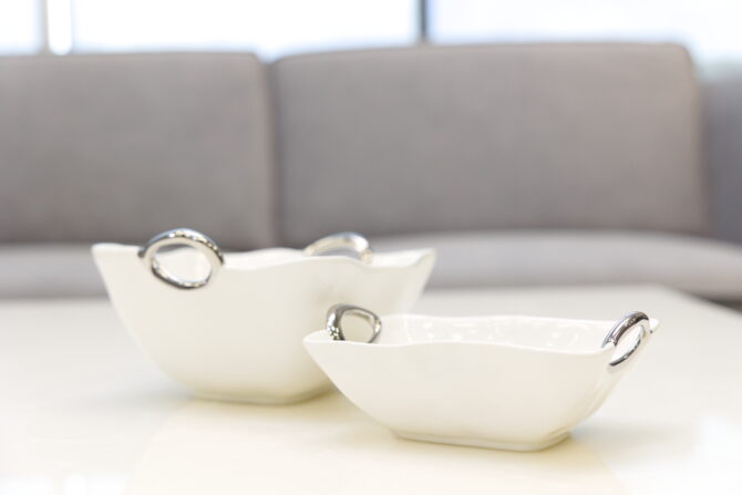 White Ceramic Bowls with Silver Handles