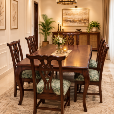 Classic Manor Carved Dining Set handcrafted from premium solid teak wood featuring a spacious dining table, elegant hand-carved dining chairs, upholstered seats, rich walnut finish, and timeless traditional craftsmanship for luxury dining interiors.