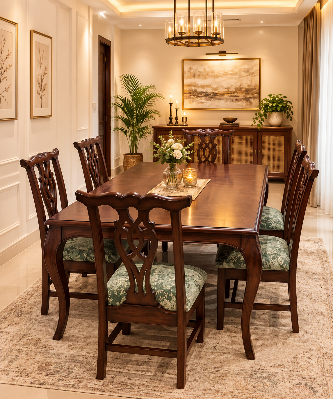Classic Manor Carved Dining Set handcrafted from premium solid teak wood featuring a spacious dining table, elegant hand-carved dining chairs, upholstered seats, rich walnut finish, and timeless traditional craftsmanship for luxury dining interiors.