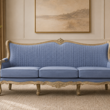 Versailles Sofa Set handcrafted with a premium solid teak wood frame, hand-carved French-inspired detailing, distressed antique finish, and elegant powder blue fabric upholstery in a luxurious 3+2+1+1 configuration.