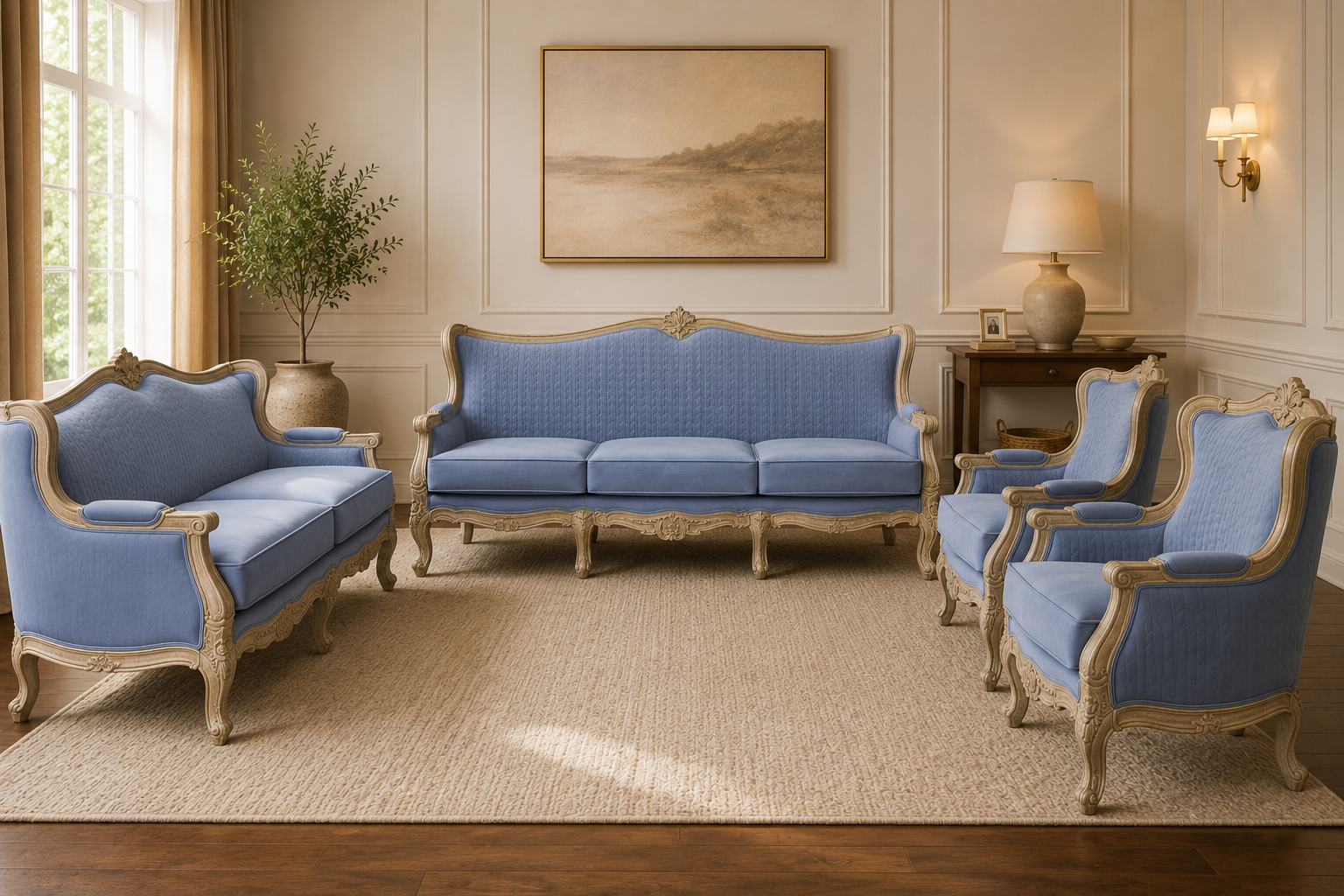 Versailles Sofa Set handcrafted with a premium solid teak wood frame, hand-carved French-inspired detailing, distressed antique finish, and elegant powder blue fabric upholstery in a luxurious 3+2+1+1 configuration.