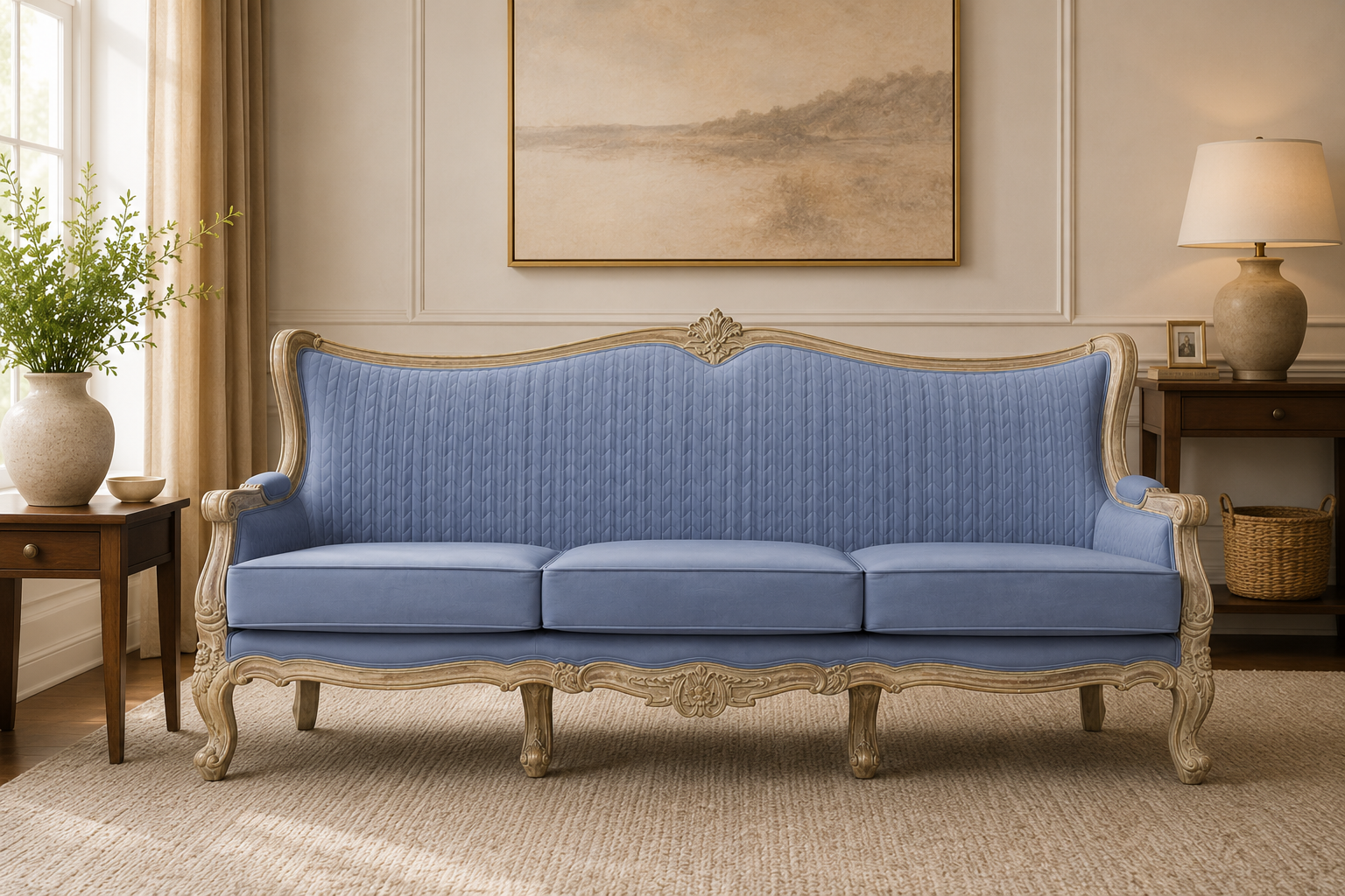 Versailles Sofa Set handcrafted with a premium solid teak wood frame, hand-carved French-inspired detailing, distressed antique finish, and elegant powder blue fabric upholstery in a luxurious 3+2+1+1 configuration.