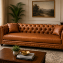 Windsor Chesterfield Sofa Set handcrafted with a premium solid teak wood frame, premium cognac brown PU leather upholstery, deep button tufting, rolled arms, and a single bench seat cushion.