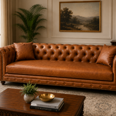 Windsor Chesterfield Sofa Set handcrafted with a premium solid teak wood frame, premium cognac brown PU leather upholstery, deep button tufting, rolled arms, and a single bench seat cushion.