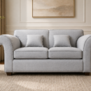 Victoria Love Seat handcrafted with a premium solid teak wood frame, soft light grey fabric upholstery, elegant rolled arms, and deep comfortable seating.