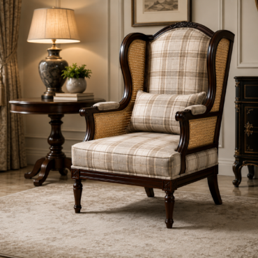 Kensington Cane Wingback Chair handcrafted with a premium solid teak wood frame, natural cane side panels, and beige plaid fabric upholstery in a timeless classic design.
