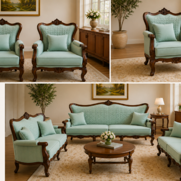Florence Luxury Sofa Set handcrafted from solid teak wood featuring a 3-seater, 2-seater, and matching accent chairs.