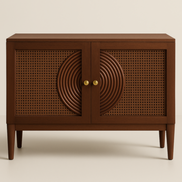 Harmony Cane Sideboard handcrafted from premium solid teak wood featuring natural cane doors, sculptural circular detailing, rich walnut finish, and spacious storage for modern living spaces.