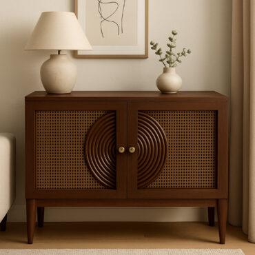 Harmony Cane Sideboard handcrafted from premium solid teak wood featuring natural cane doors, sculptural circular detailing, rich walnut finish, and spacious storage for modern living spaces.