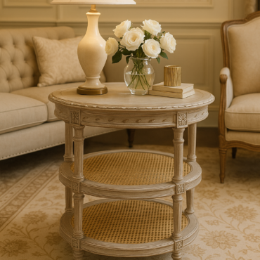 Heritage Cane Round Side Table handcrafted from premium solid teak wood with natural cane shelves, elegant carved detailing, and a timeless round design for luxury living spaces.