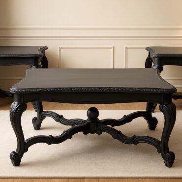 Regency Living Room Table Set handcrafted from premium solid teak wood featuring one centre table and two matching side tables with elegant hand-carved detailing and a matte black finish.
