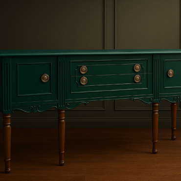 Emerald Heritage Sideboard handcrafted from premium solid teak wood featuring a rich emerald green finish, brass-finish hardware, decorative mouldings, spacious cabinets and drawers, designed for elegant dining rooms and luxury living spaces.