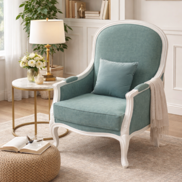 Celeste Lounge Chair handcrafted from premium solid teak wood featuring a painted carved frame, upholstered wingback design, plush cushioning, and elegant classic styling for luxury living spaces.