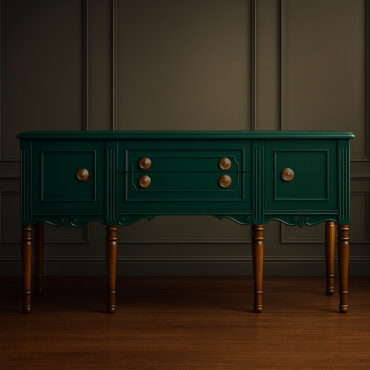 Emerald Heritage Sideboard handcrafted from premium solid teak wood featuring a rich emerald green finish, brass-finish hardware, decorative mouldings, spacious cabinets and drawers, designed for elegant dining rooms and luxury living spaces.