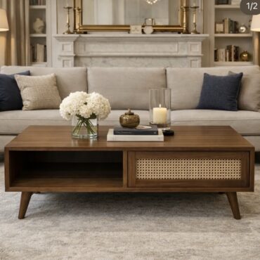 Harper Cane Coffee Table handcrafted from premium solid teak wood featuring a natural cane-front drawer, open storage shelf, and contemporary mid-century design for modern living rooms.