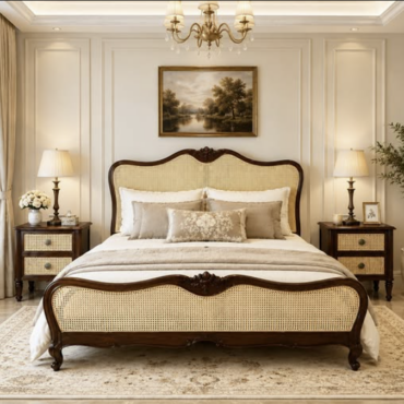 Heritage Cane Bed handcrafted with a premium solid teak wood frame, natural cane headboard and footboard, rich walnut finish, and elegant classic bedroom styling.