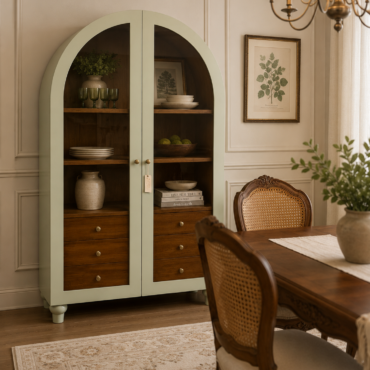 Oxford Arched Display Cabinet handcrafted from premium solid teak wood featuring an elegant arched silhouette, spacious display shelves, integrated storage drawers, and timeless luxury craftsmanship for dining and living spaces.