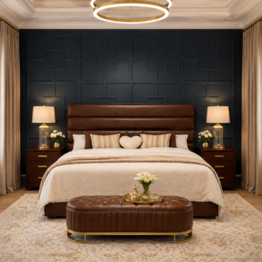 Oxford Upholstered Bed handcrafted from premium solid teak wood featuring a luxurious upholstered panel headboard, contemporary design, premium craftsmanship, and customizable finishes for elegant modern bedrooms.