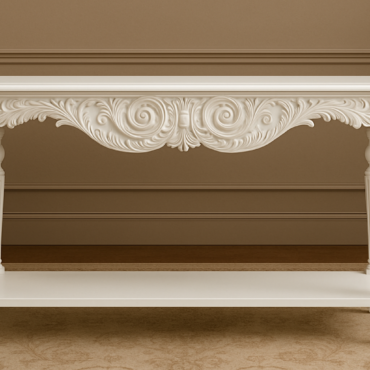Regal Console Table handcrafted from premium solid teak wood featuring intricate floral carvings, an antique ivory finish, tapered legs, and a lower storage shelf for elegant entryways and living spaces.