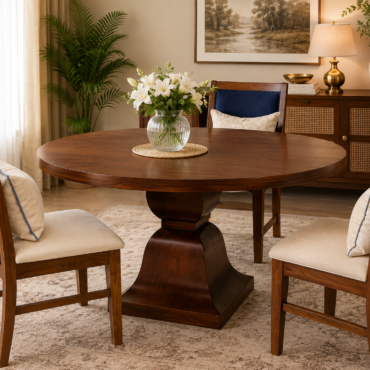 Heritage Round Pedestal Dining Table handcrafted from premium solid teak wood featuring a spacious round tabletop, sculptural pedestal base, rich wood finish, and timeless luxury design for elegant dining spaces.