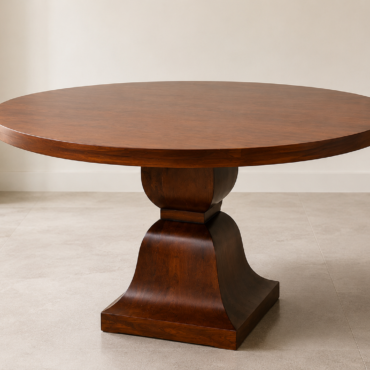Heritage Round Pedestal Dining Table handcrafted from premium solid teak wood featuring a spacious round tabletop, sculptural pedestal base, rich wood finish, and timeless luxury design for elegant dining spaces.