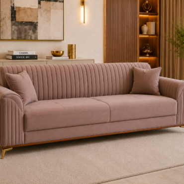 Sienna Modern Sofa Set upholstered in premium dusty mauve fabric with vertical channel stitching and elegant gold-finished metal legs.