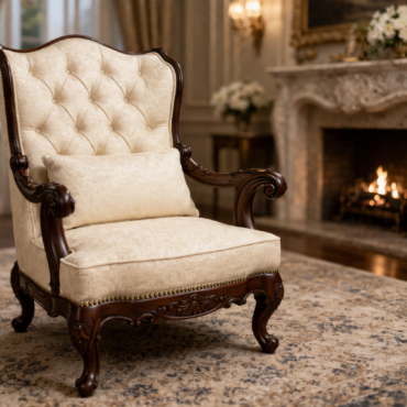 Windsor Classic Accent Chair handcrafted from solid teak wood featuring elegant button-tufted upholstery, carved wooden details, and a luxurious wingback design.