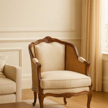 Verona Cane Accent Chair handcrafted from premium solid teak wood with natural cane side panels, luxurious upholstery, and elegant carved detailing.