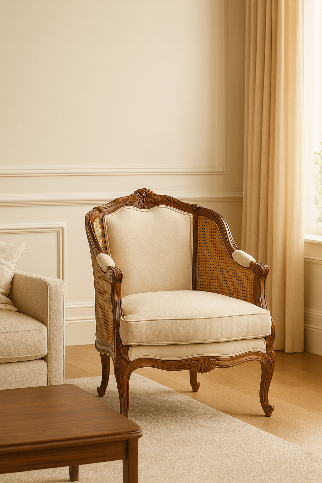 Verona Cane Accent Chair handcrafted from premium solid teak wood with natural cane side panels, luxurious upholstery, and elegant carved detailing.